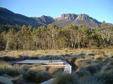 Boardwalk Over Grassy Land on Frosty Morning with Mountains in Background, Tasmania